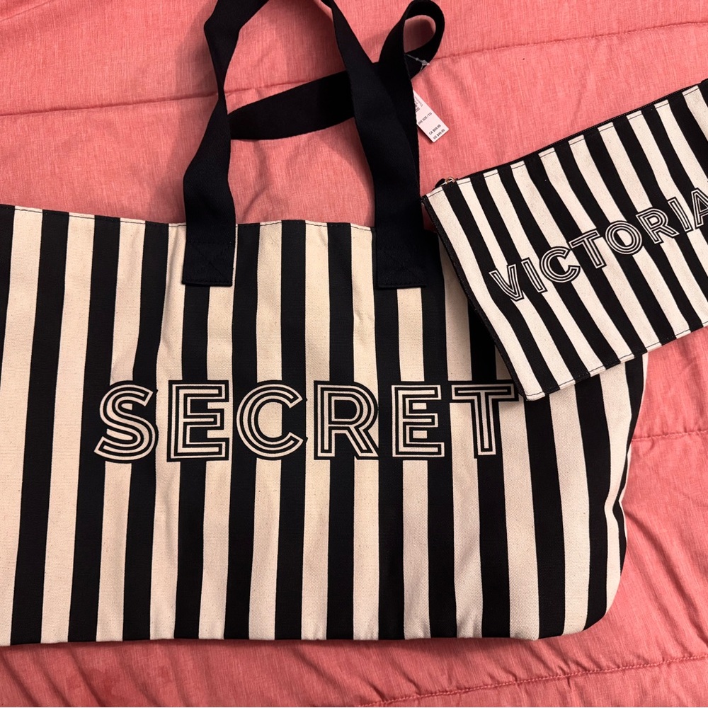 Victoria's Secret Black and White Striped Tote w/ smaller bag